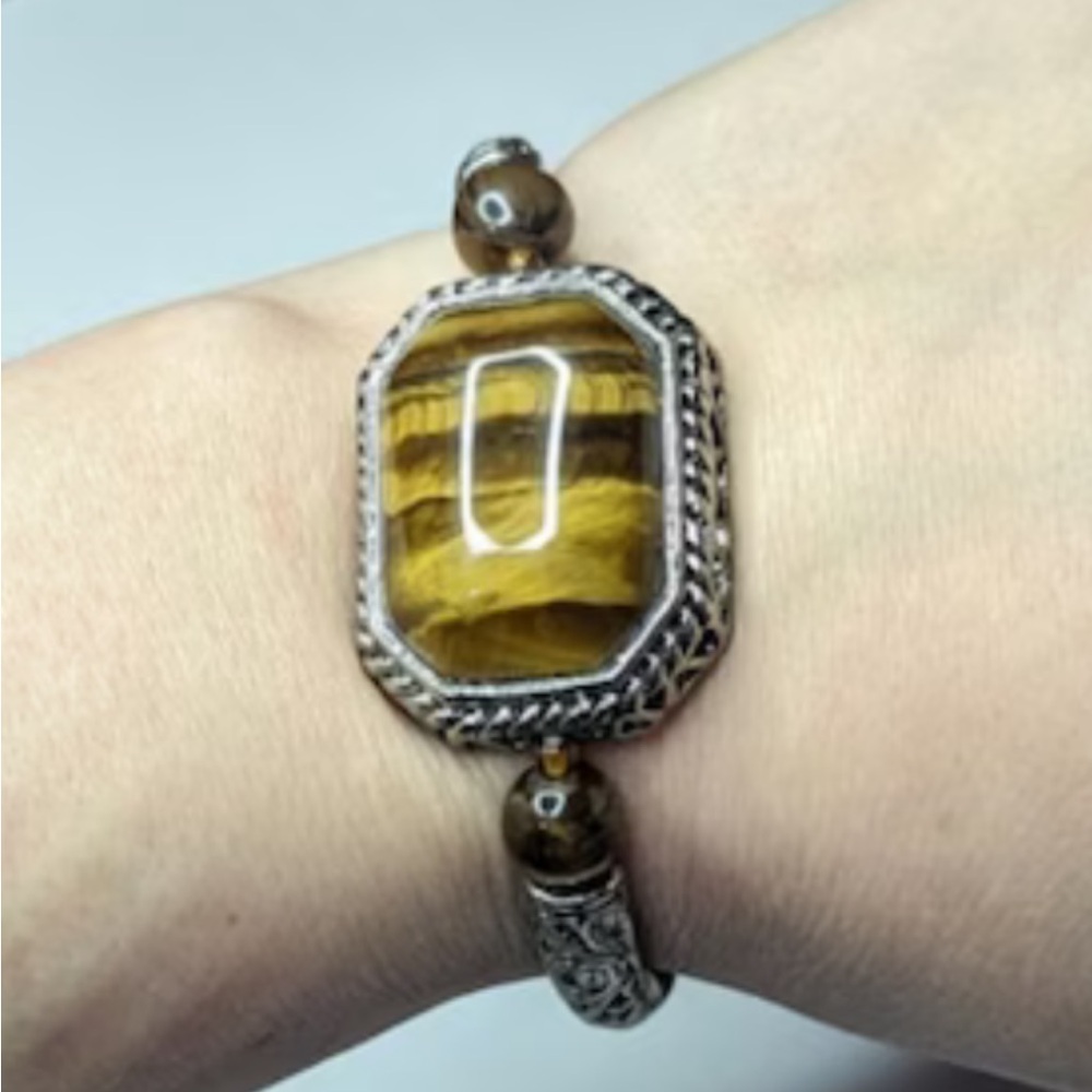 Big Tigers Eye Silver Statement Stretch Bracelet - image 3